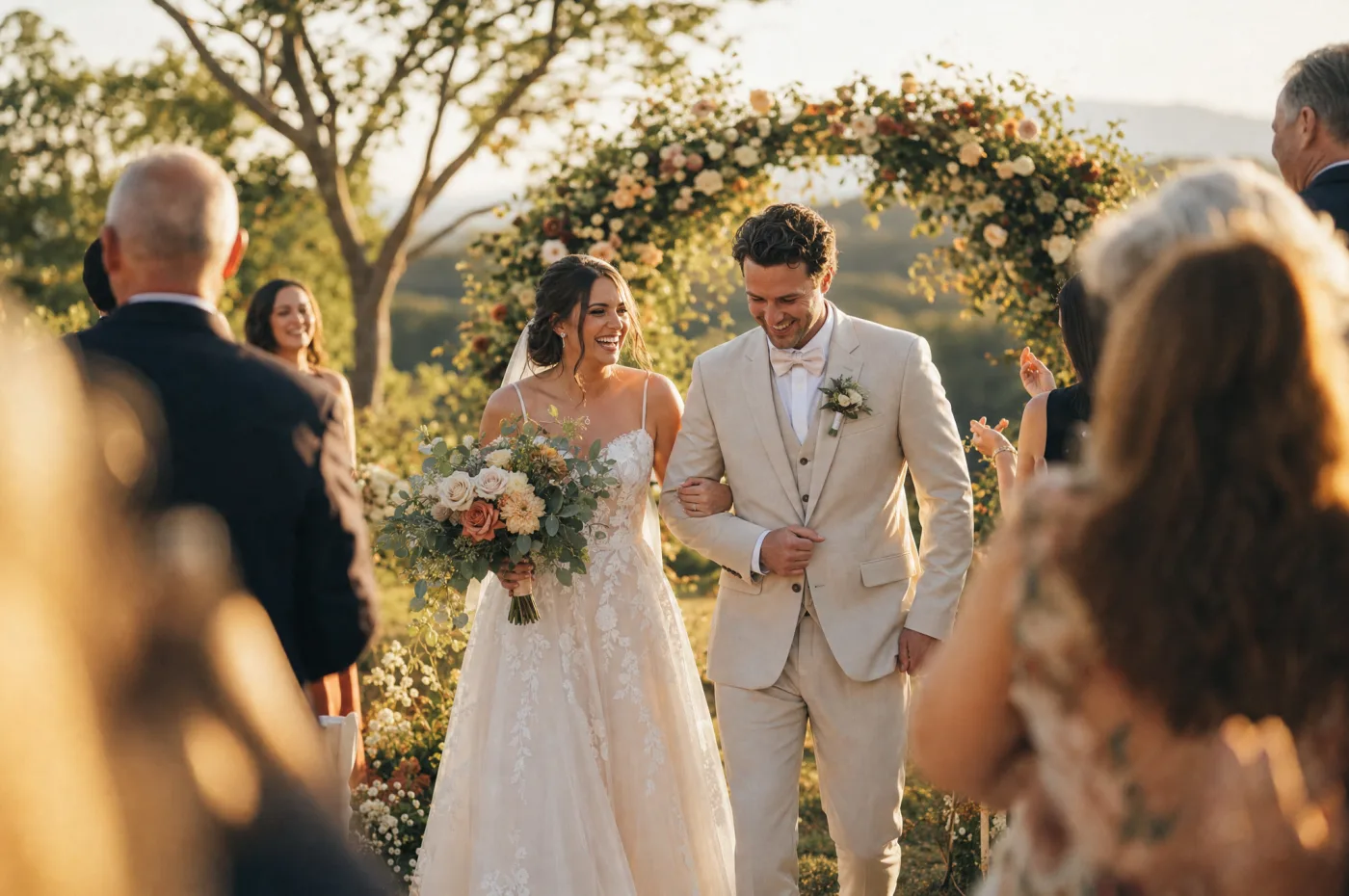 Couple walking down the aisle under a floral arch, guests softly out of focus
