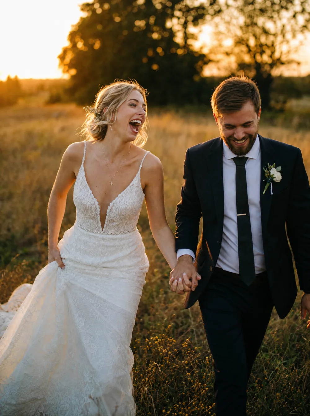 Couple portrait in an open field at golden hour, caught mid-movement rather than posed