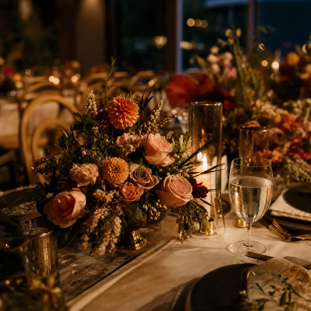Reception table setting with florals and place settings in warm ambient light