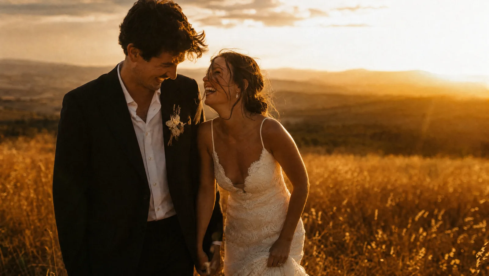 Couple silhouetted and laughing together at golden hour in an open field, warm backlit candid moment